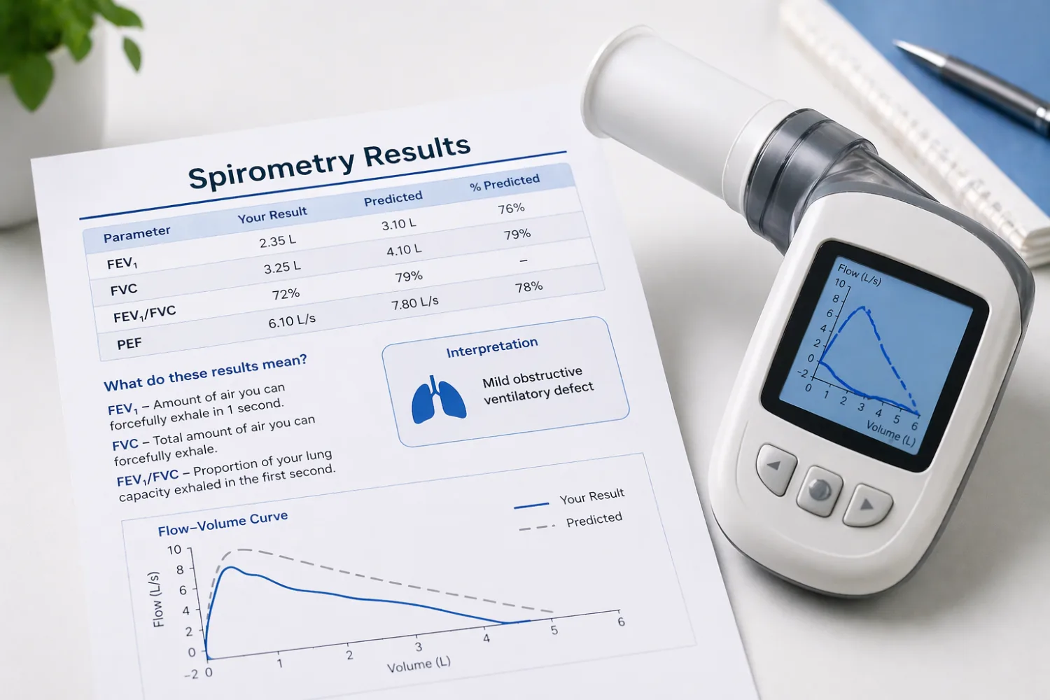 Spirometrijos rezultatai: ką reiškia FEV1, FVC ir plaučių funkcijos tyrimas